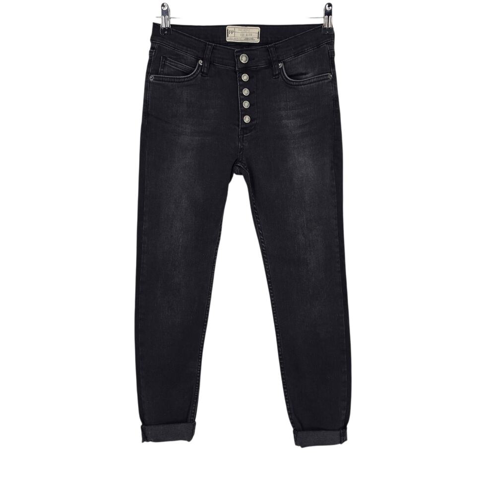Free People Black Reagan Raw Hem Button Fly Mid Rise Crop Skinny Jeans Size 27